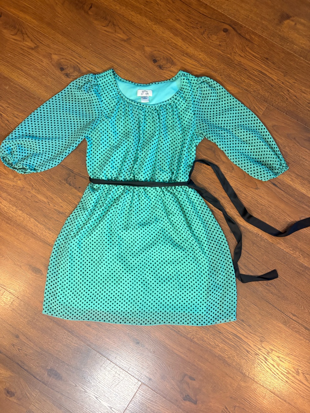 Sweet Storm Teal Polka Dot Dress with Black Sash - Picture 2 of 5